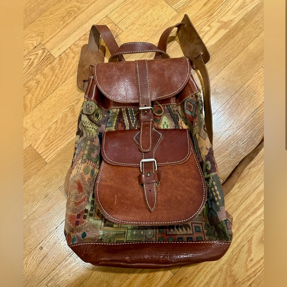Vintage Leather and Patterned Fabric Backpack - Picture 2 of 8